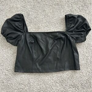 Black Faux Leather Puff Sleeve Top